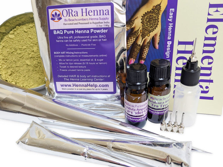 Big bad henna kit with henna powder, essential oils, applicator bottle, and henna cones.