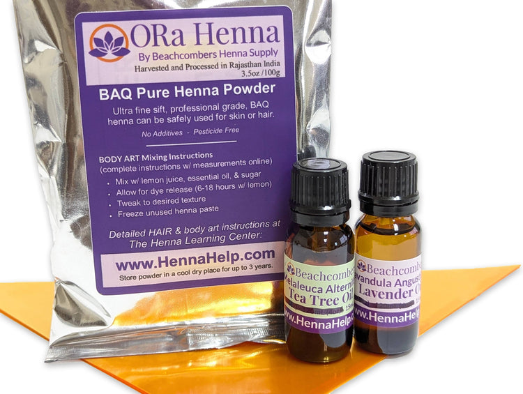 ORa henna refill kit that contains 100g bag of henna powder, two bottles of oil, and cello triangle flats
