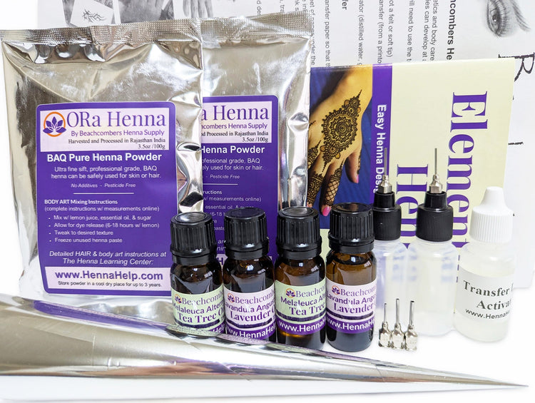 Professional henna kit with 2 bags of henna powder, essential oils, applicator bottle, booklet, and transfer papers