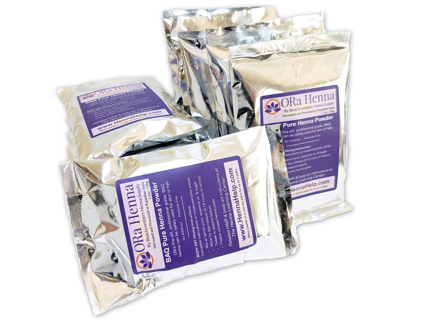 Picture of a kilo of henna in ten 100g bags of BAQ ORa henna powder
