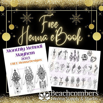 Graphic featuring the 2023 Free Henna eBook with the ebook cover and sample designs