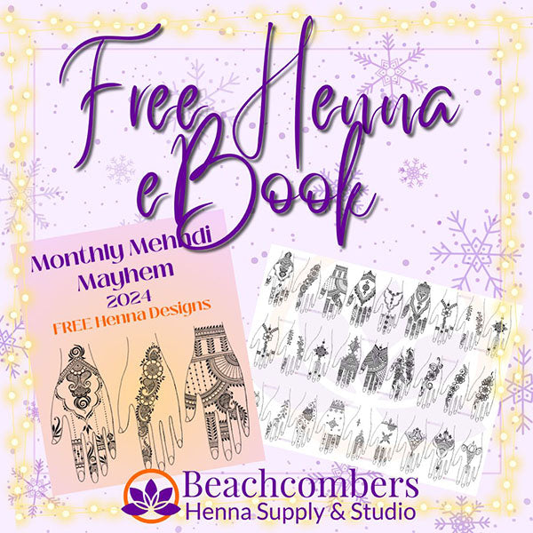 Graphic says "Free Henna eBook" with a pic of the eBook cover and sample henna designs