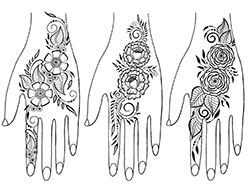three drawn hands with beautiful floral henna designs