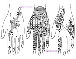 Three drawn hands each with a different henna style, Moroccan, India, and gulf
