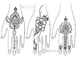 three drawn hands with henna designs
