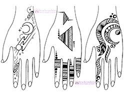 Three drawn hands with really unique henna designs, a celestial henna, a bold line design, and a MΔori inspired design.