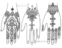 Drawing of 3 hands with delicate henna designs