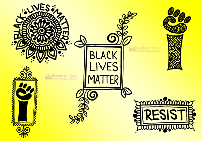 Henna sheet with 5 Black Lives Matter inspired henna designs including the iconic raised fist