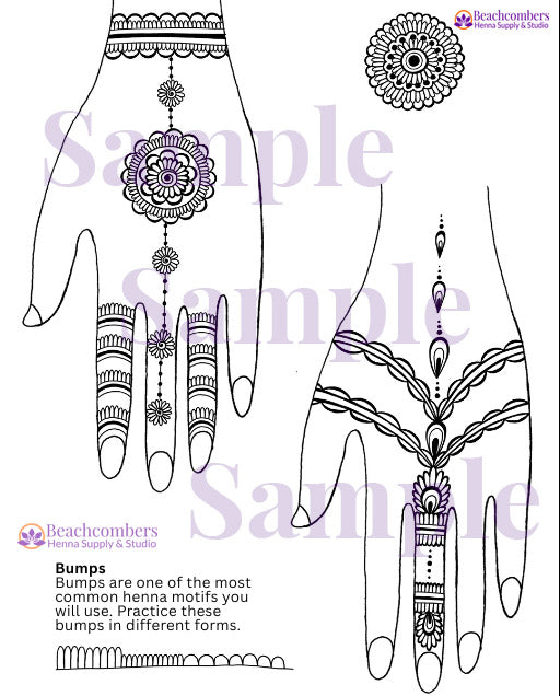 Henna design template with hands and decorative patterns, featuring Beachcombers branding.