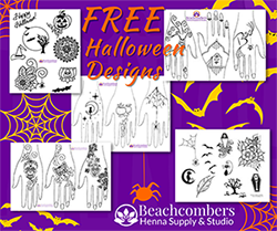 Graphic says FREE Halloween Designs and features 5 henna design sheets with Halloween themes