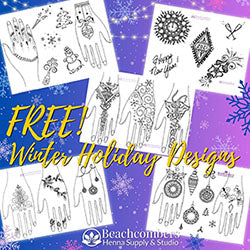 Graphic says FREE Winter Holiday Designs and features 5 henna design sheets with Winter, New Year, and Christmas themes