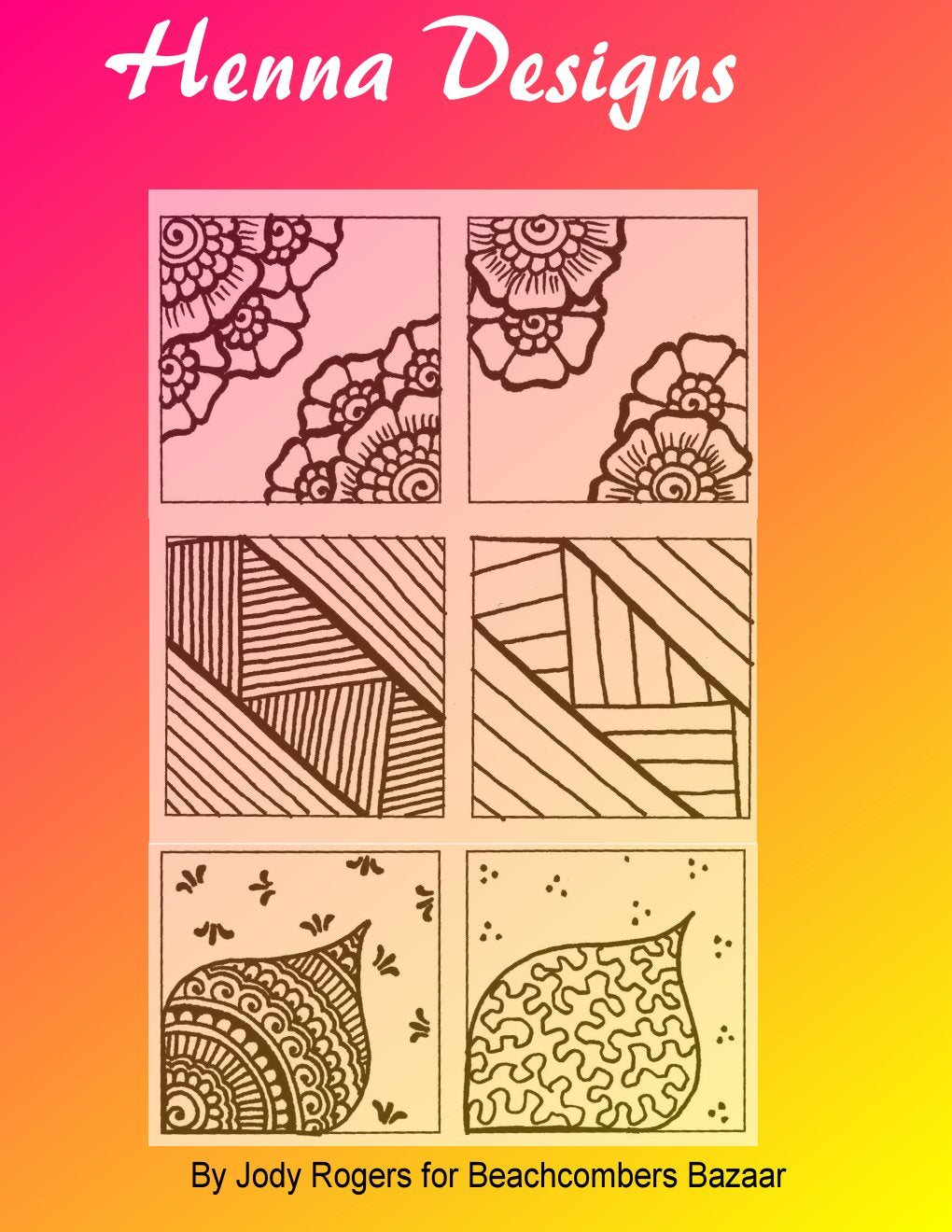 Cover for henna eBook. A grid of drawings in henna styles