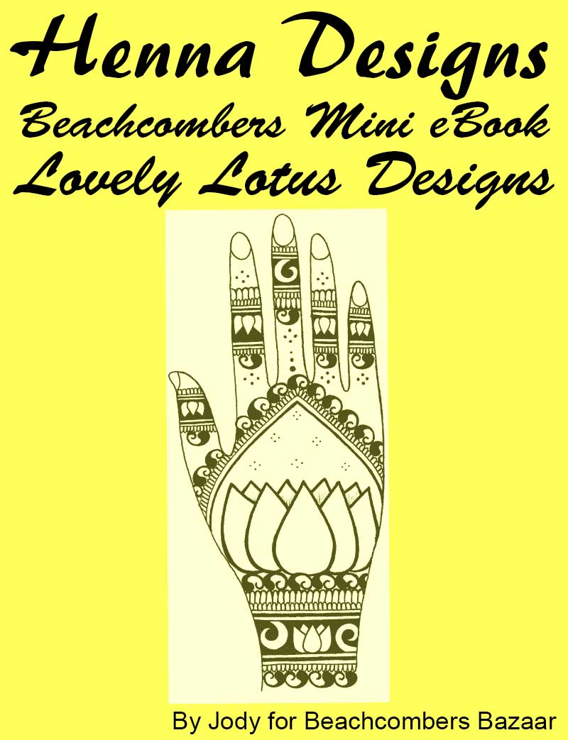 Cover of henna design ebook with a lotus theme. Drawing of a hand with a bold lotus henna design on a yellow background.