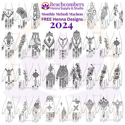 Collage picture of all 33 henna hand designs for 2024