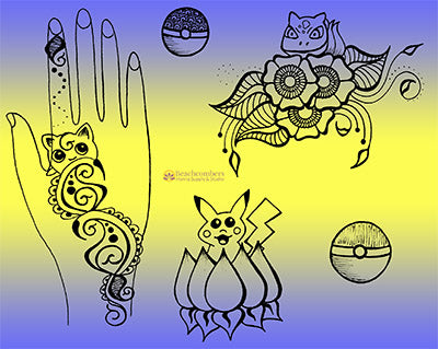 henna design sheet features 5 PokΓ©mon inspired henna designs