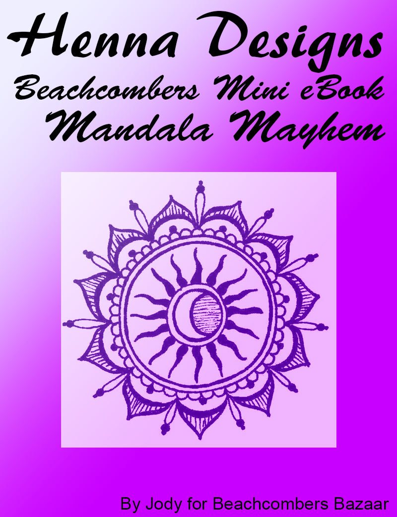 Cover of henna design ebook, Mandala design with a sun in the center on a purple background