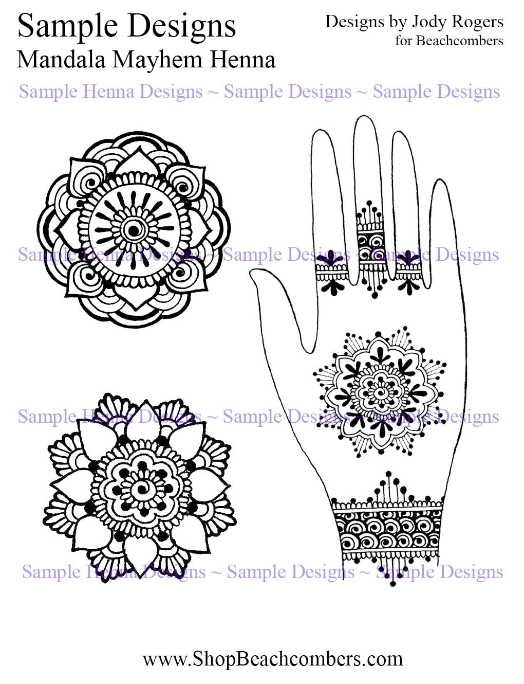 Drawings of 3 sample henna designs from eBook. All are mandalas and one shows hand placement.