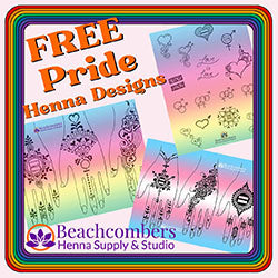 Graphic features three Pride themed henna sheets and a rainbow frame. Says FREE Pride Henna Designs