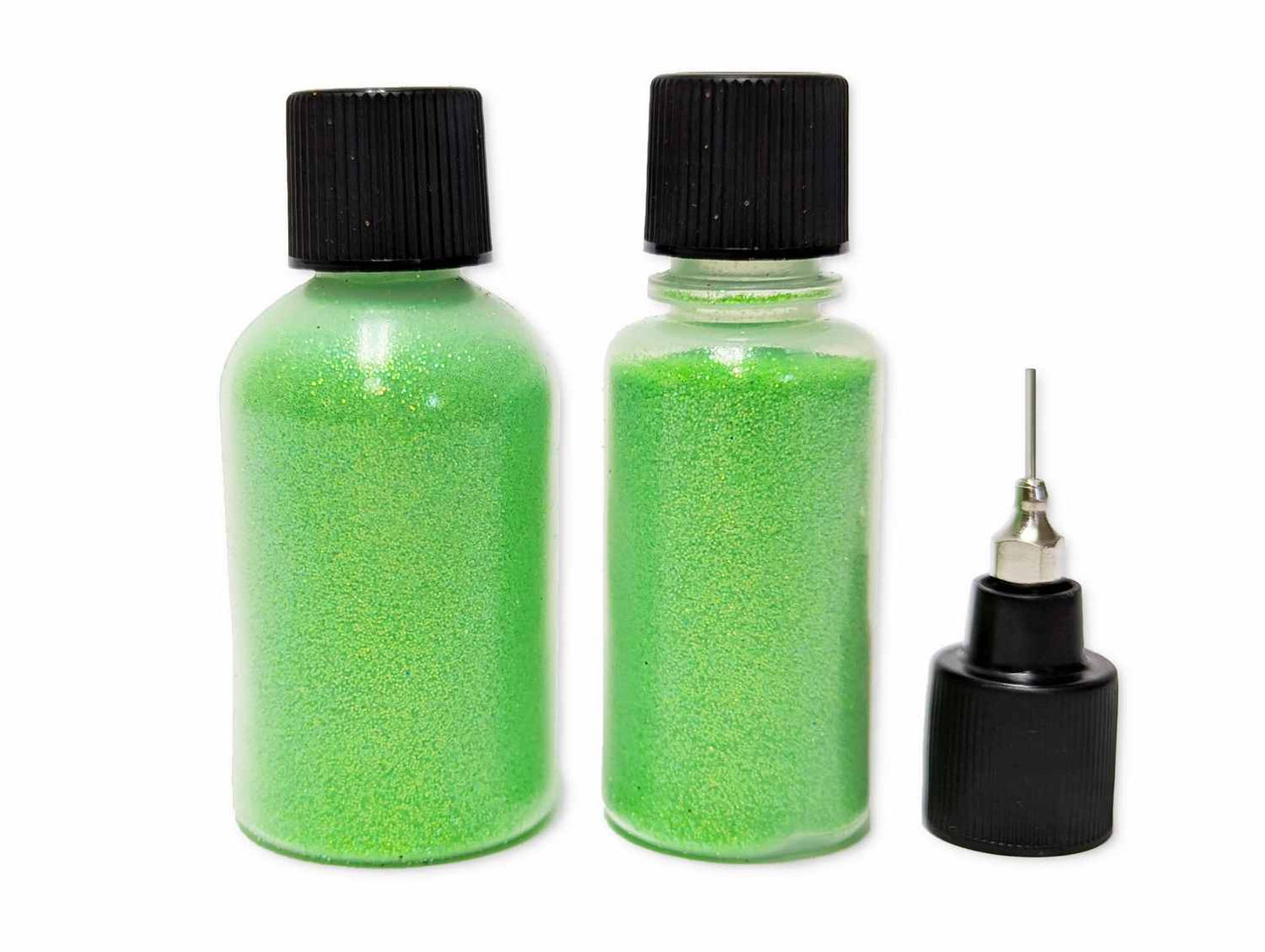 Two bottles of UV electric kiwi green body glitter (10g and 20g)