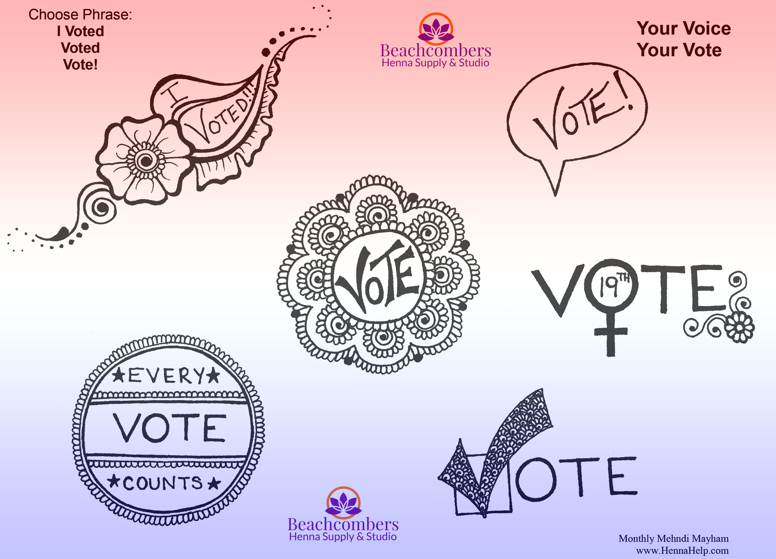 henna design sheet featuring 6 designs that are voting themed