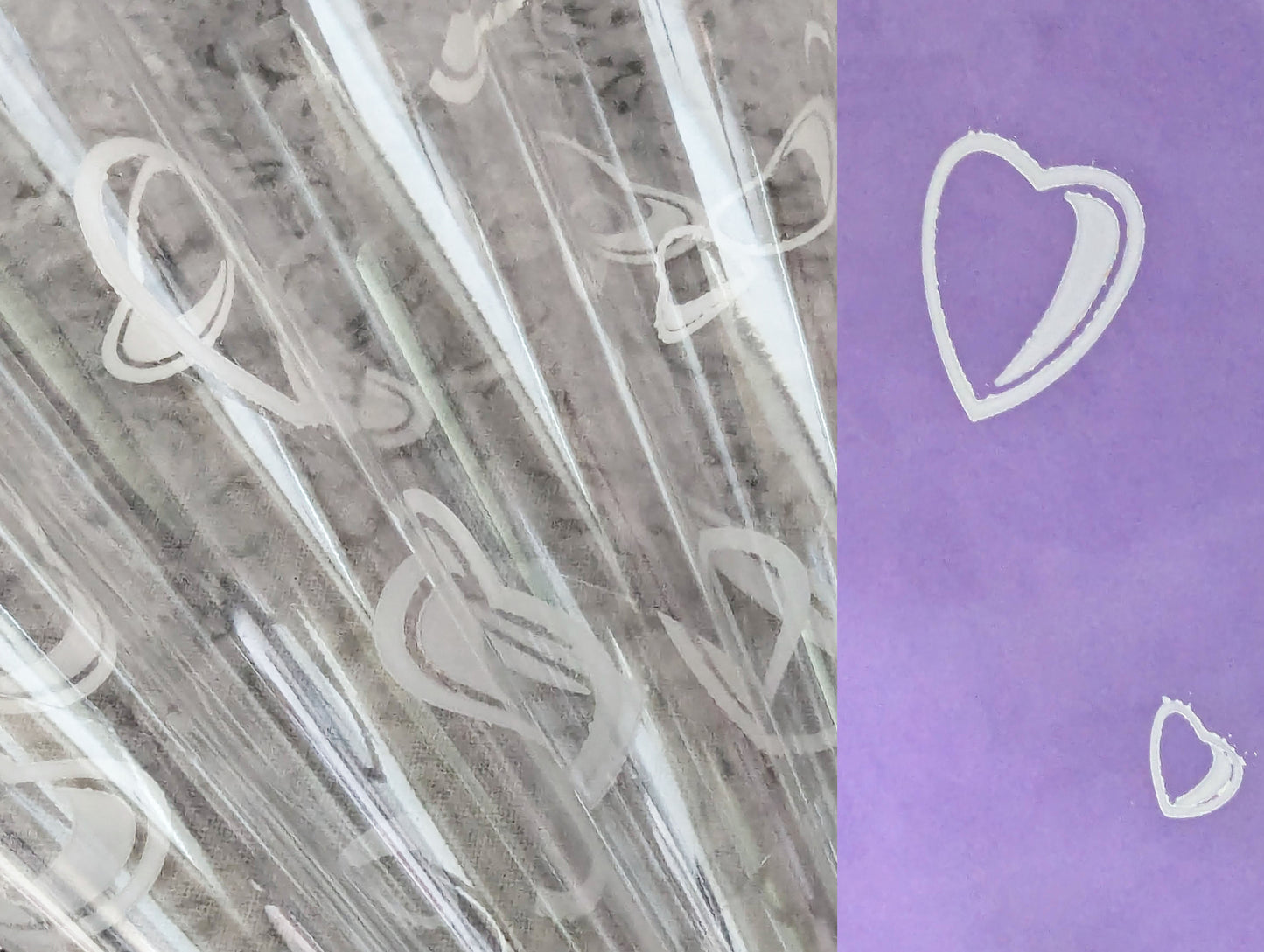 Close up of translucent cello with white printed hearts flats rolled into cones