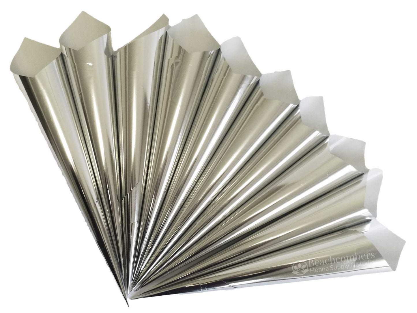 Picture of 10 silver rolled cones for henna paste in a fanned out display