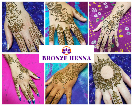 A collage of four images showcasing different hands with various bronze henna designs, with the brand logo 'Bronze Henna' displayed at the bottom.
