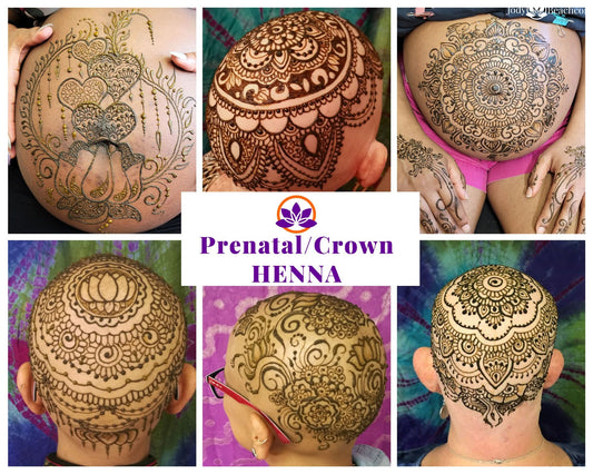 Collage of 6 pictures of henna crowns and henna bellies