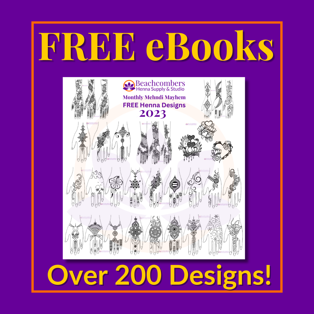 Graphic says FREE eBooks Over 200 Designs! with sample picture of 2023 henna ebook