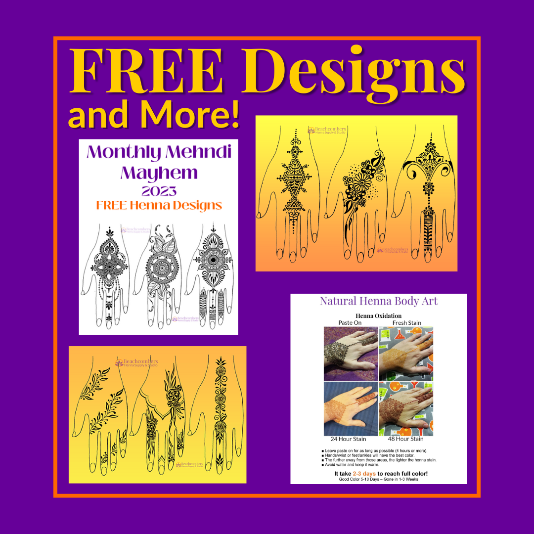 Graphic says Free Designs and more with pics of free henna designs, ebook, and sign