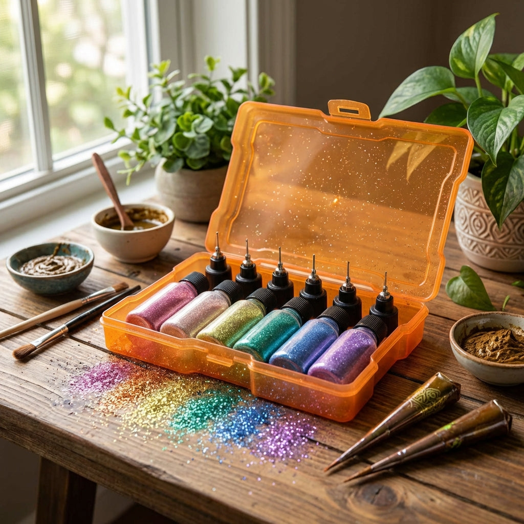 A lifestyle scene featuring a Henna artistās workspace with the Rainbow Glitter Gift Box prominently displayed, surrounded by henna tools, lush green plants, and natural daylight filtering through a window using diffused daylight studio lighting. The camer