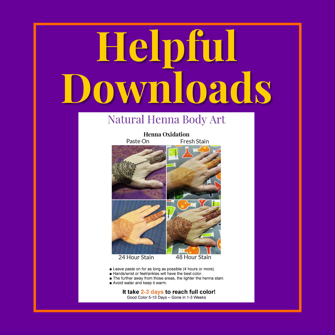 Graphic labeled Helpful Downloads with a picture of a sign depicting the life of henna