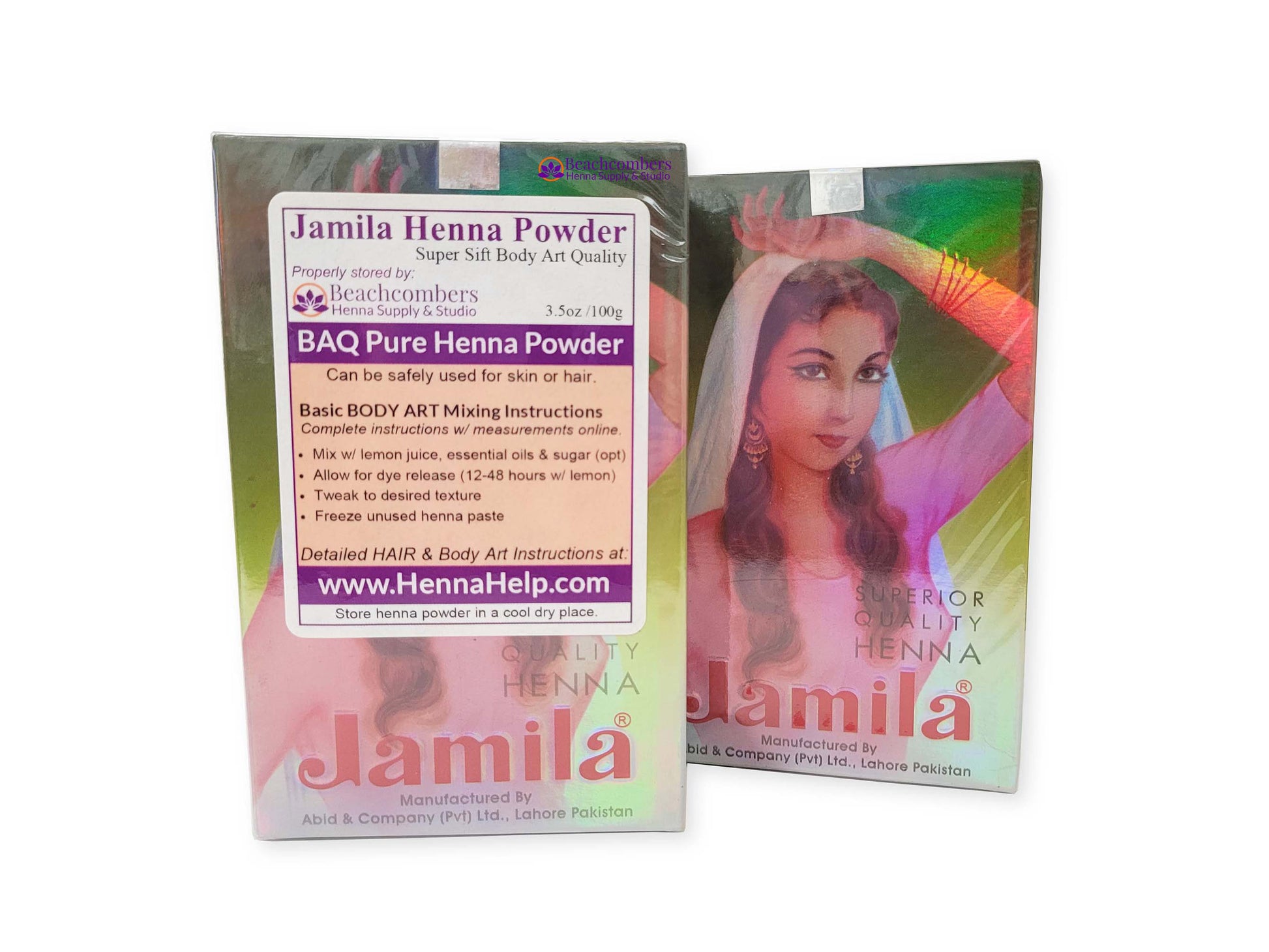 Two boxes of Jamila henna, one with a sticker with mixing instructions