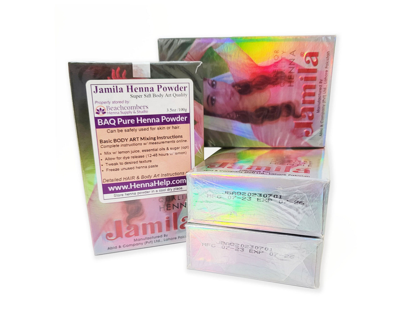 Four boxes of Jamila henna, 2 showing expiration date stamp, and , one with a sticker with mixing instructions