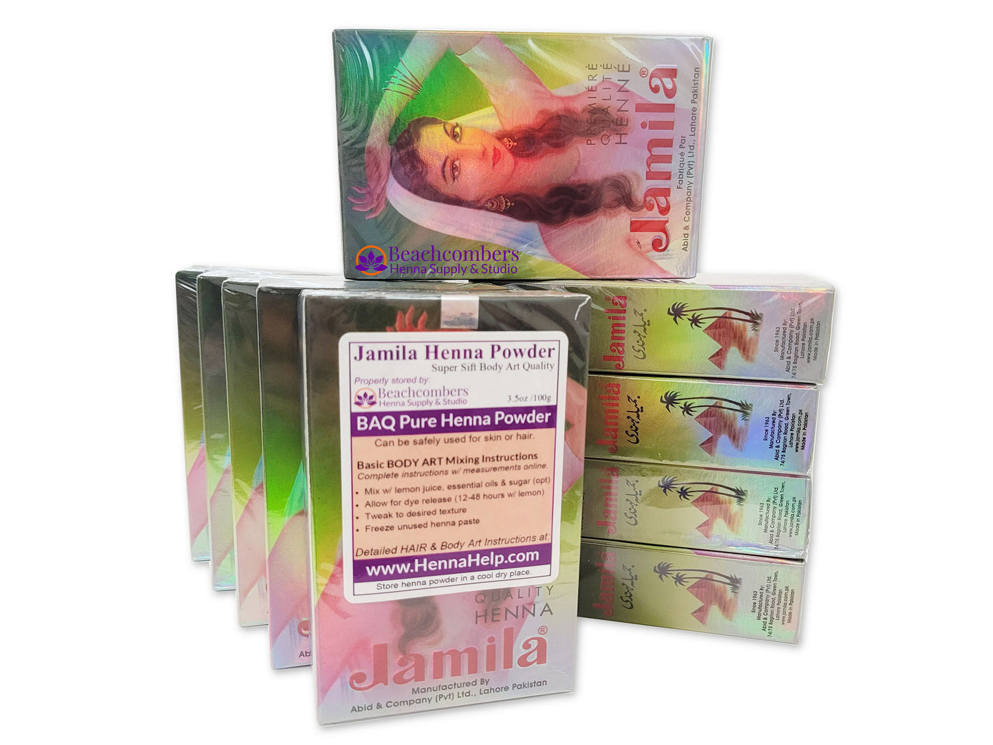 Ten boxes of Jamila henna, one with a sticker with mixing instructions