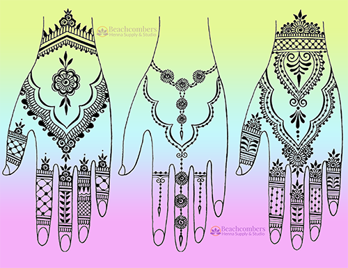 Three drawn henna hands with distinctly different takes on teh henna arch.