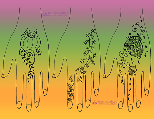 Three drawn hands with autumn henna designs, a pumpkin, a fall vine, and acorns