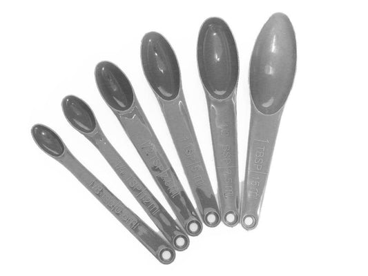 6 gray measuring spoons for henna oil in sizes 1/8 teaspoon to 1 Tablespoon