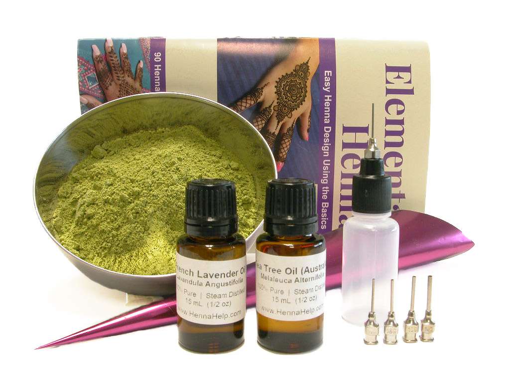 Big bad henna kit with henna powder, essential oils, applicator bottle, and henna cones.