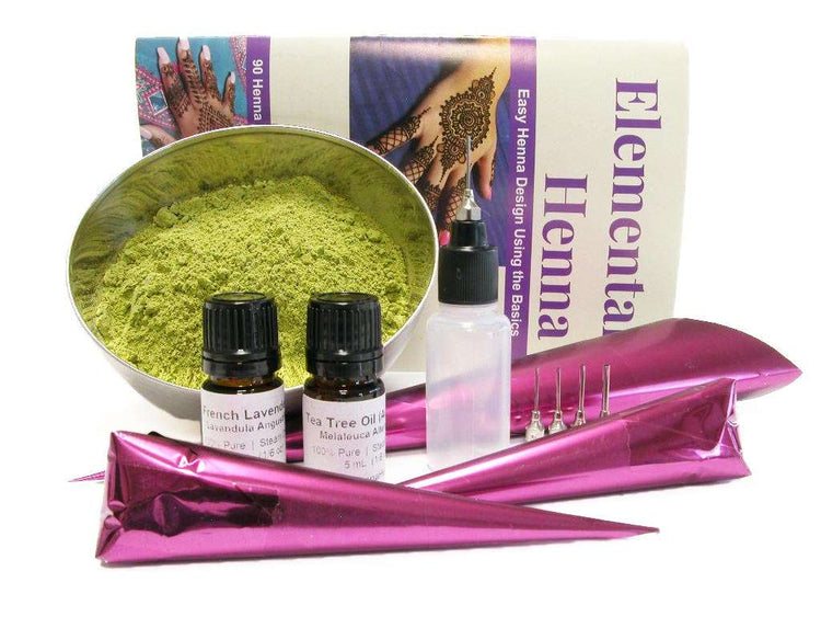 Essential henna kit for beginners, henna powder, essential oils, applicator bottle, and henna booklet