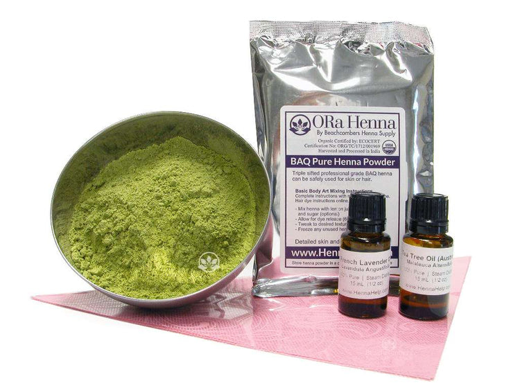 ORa henna refill kit that contains 100g bag of henna powder, two bottles of oil, and cello triangle flats