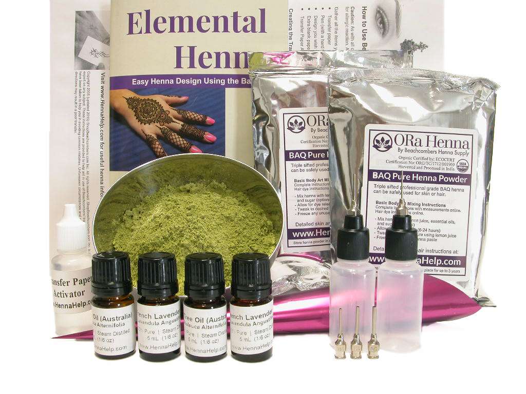 Professional henna kit with 2 bags of henna powder, essential oils, applicator bottle, booklet, and transfer papers