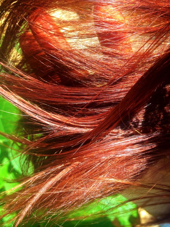 Hair spread on a hand that is bright red having been dyed with henna