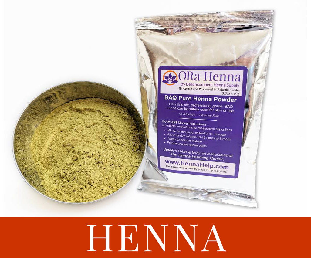 One 100 gram bag of BAQ henna for the hair with a bowl of henna powder next to it.