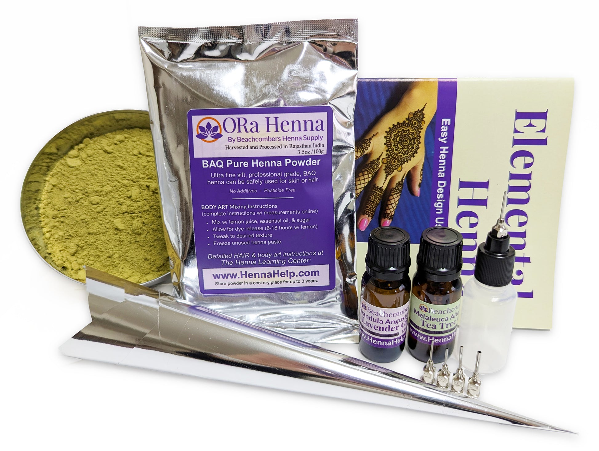 Essential henna kit with henna powder, essential oils, applicator bottles, cones, and henna book