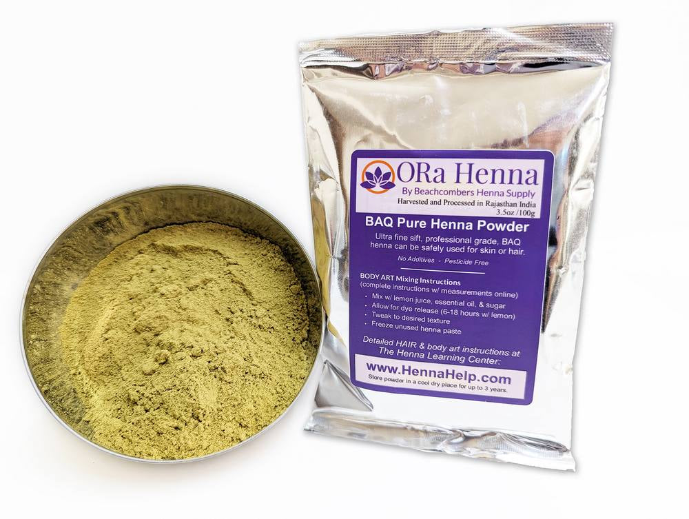 Picture of 100g bag of BAQ ORa henna powder with a bowl of henna powder