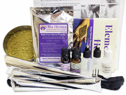 Picture of the Big Bad Henna kit for beginners with henna powder and henna cones.