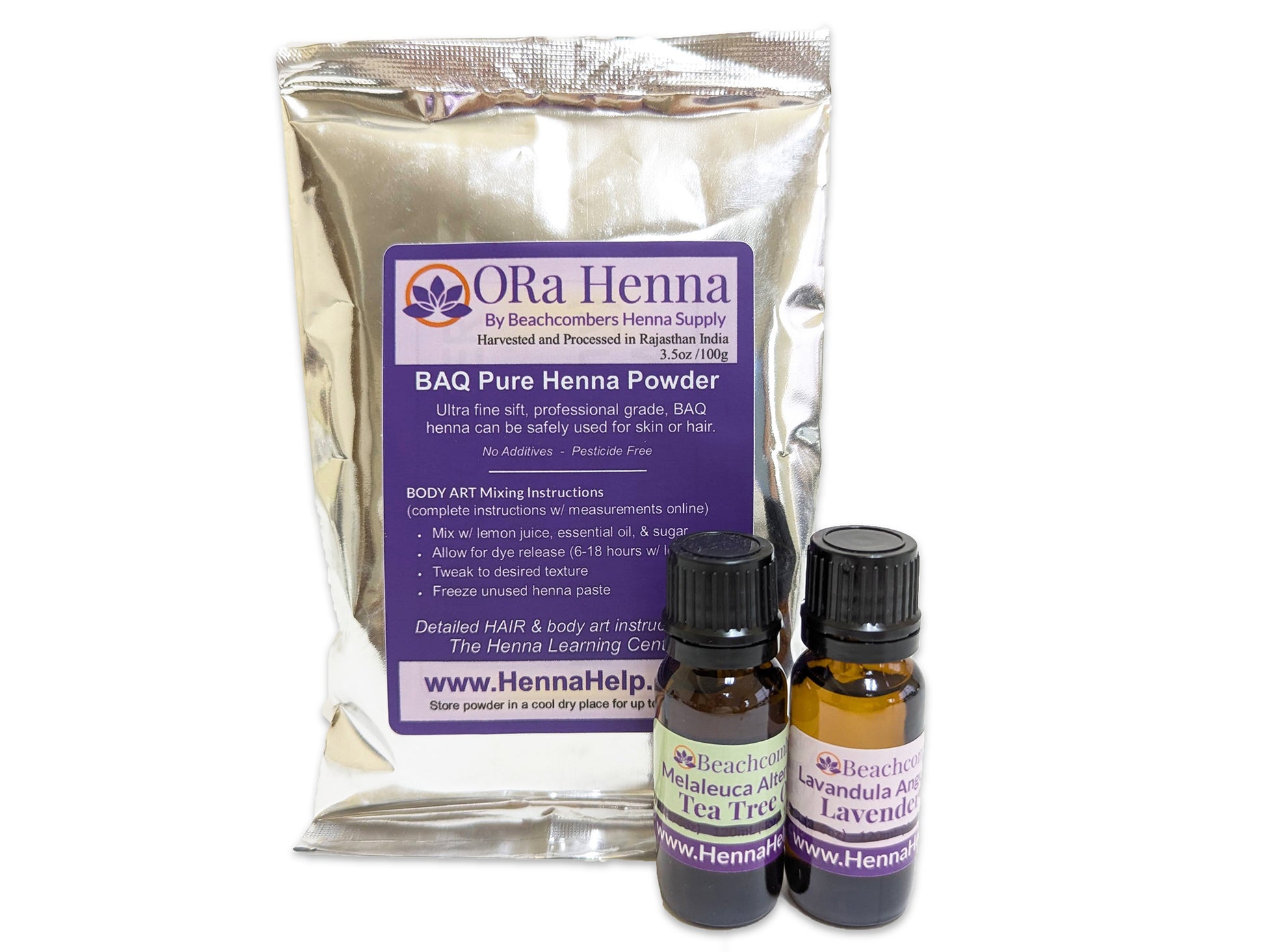 Picture of 100g bag of BAQ ORa henna powder with a bottle of tea tree oil and lavender oil - Henna Combo Kit