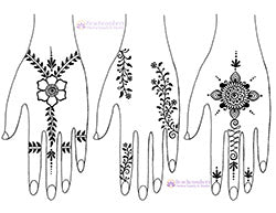 Three drawn hands with simple summer henna designs, a flower with delicate leaves, vines, and a simple mandala