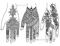 Three drawn hands with henna designs. Each hand has a different style, Moroccan, Indian, and gulf.